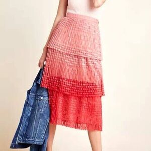 Anthropology Maeve Tiered Midi Lace Ombré Pink Red Skirt